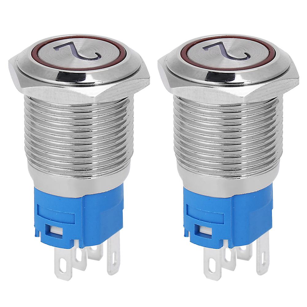 2PCS 16mm Red LED Flat Metal Push Button Switch, Self-Reset, '2', 5-Pin, 3-6VDC