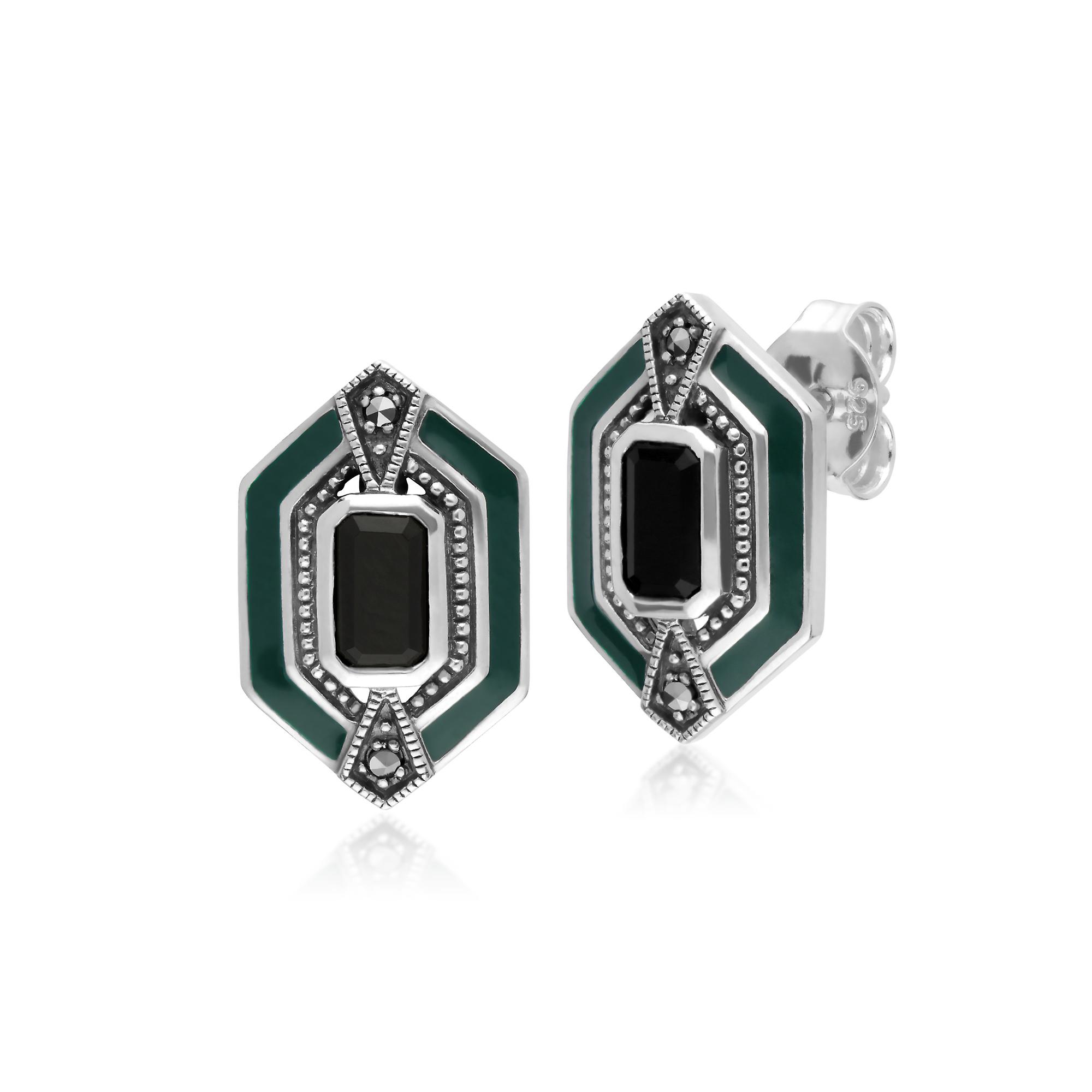 Art Deco Style Octagon Onyx, Marcasite & Enamel Hexagon Stud Earrings in 925 Sterling Silver 214E868104925