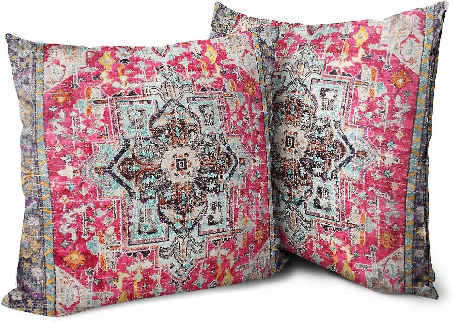 Capas de Almofada 20x20 polegadas Conjunto de 2 Boho Rosa Tapete Persa Dupla Face Padrão Algodão Macio Capa de Almofada Capa de Almofada Bohemian para Co