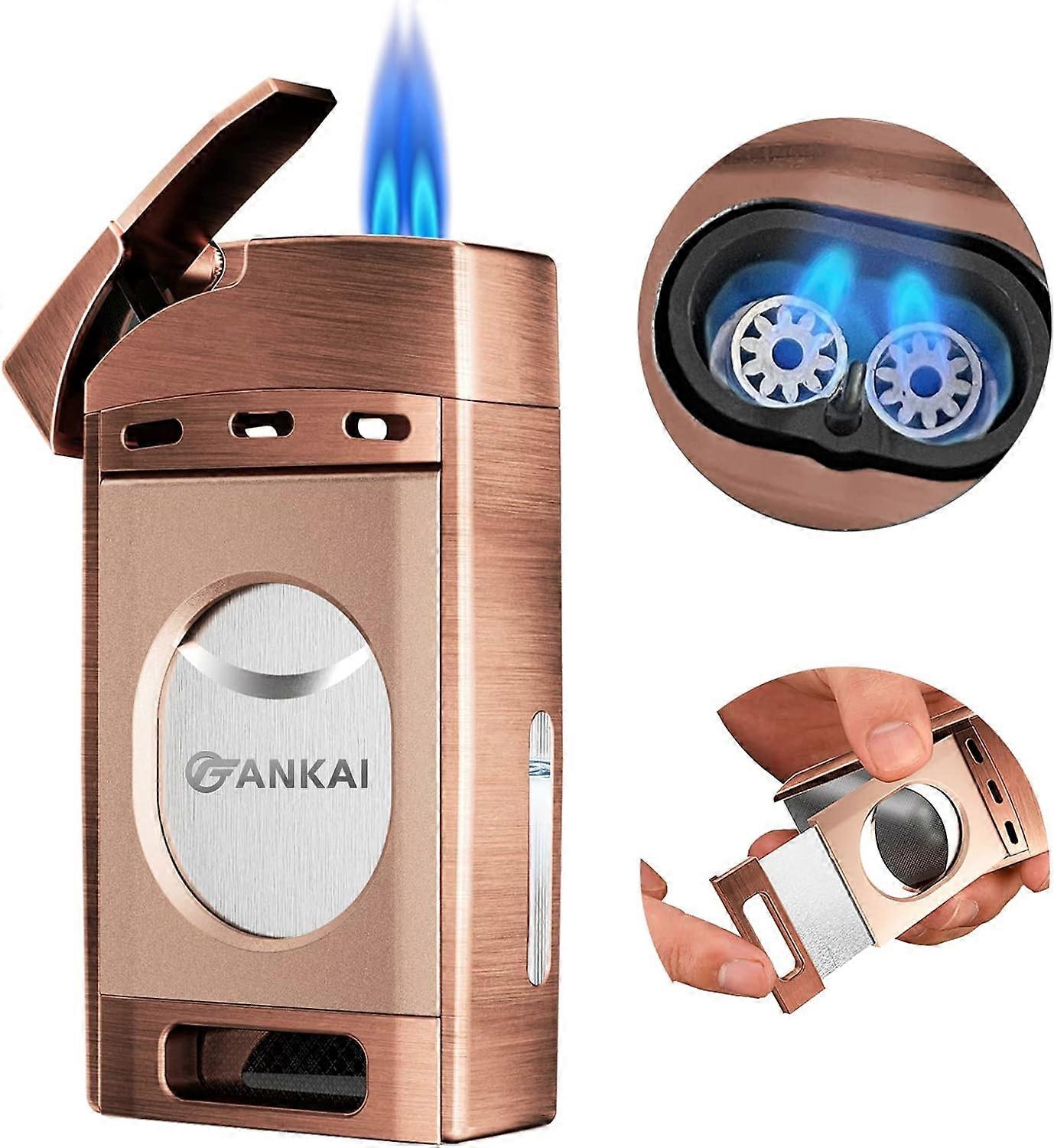Cigar Lighter with Cutter,FANKAI Torch Lighter Double Jet Flame Refillable Butane Lighter 2 in 1 Windproof Lighters for Smoking with Gift Box (Butane