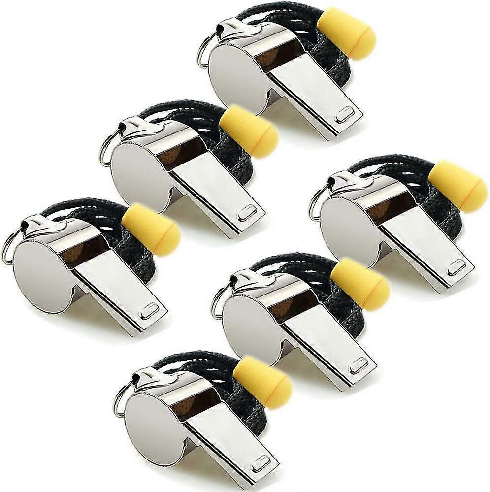 6 Pack Stainless Steel Sports Whistles With Lanyard, Loud Crisp Sound Whistles Bulk Great For Coaches, Referees, And Officials