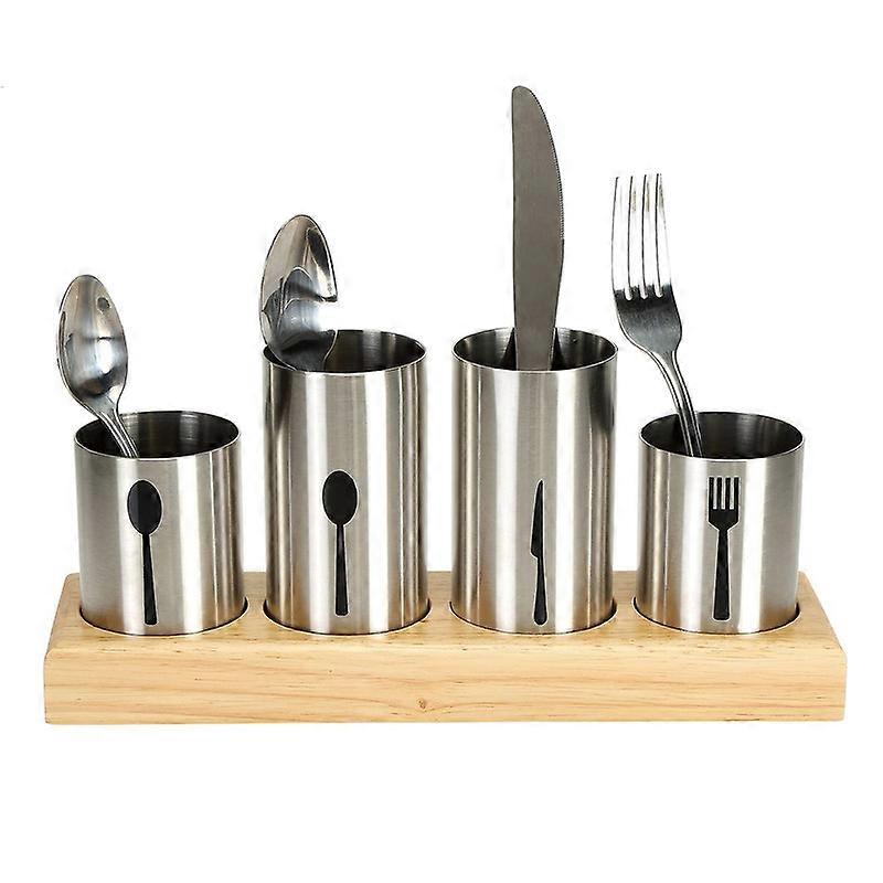 4 Pack Stainless Steel Silverware Holder with Bamboo Base