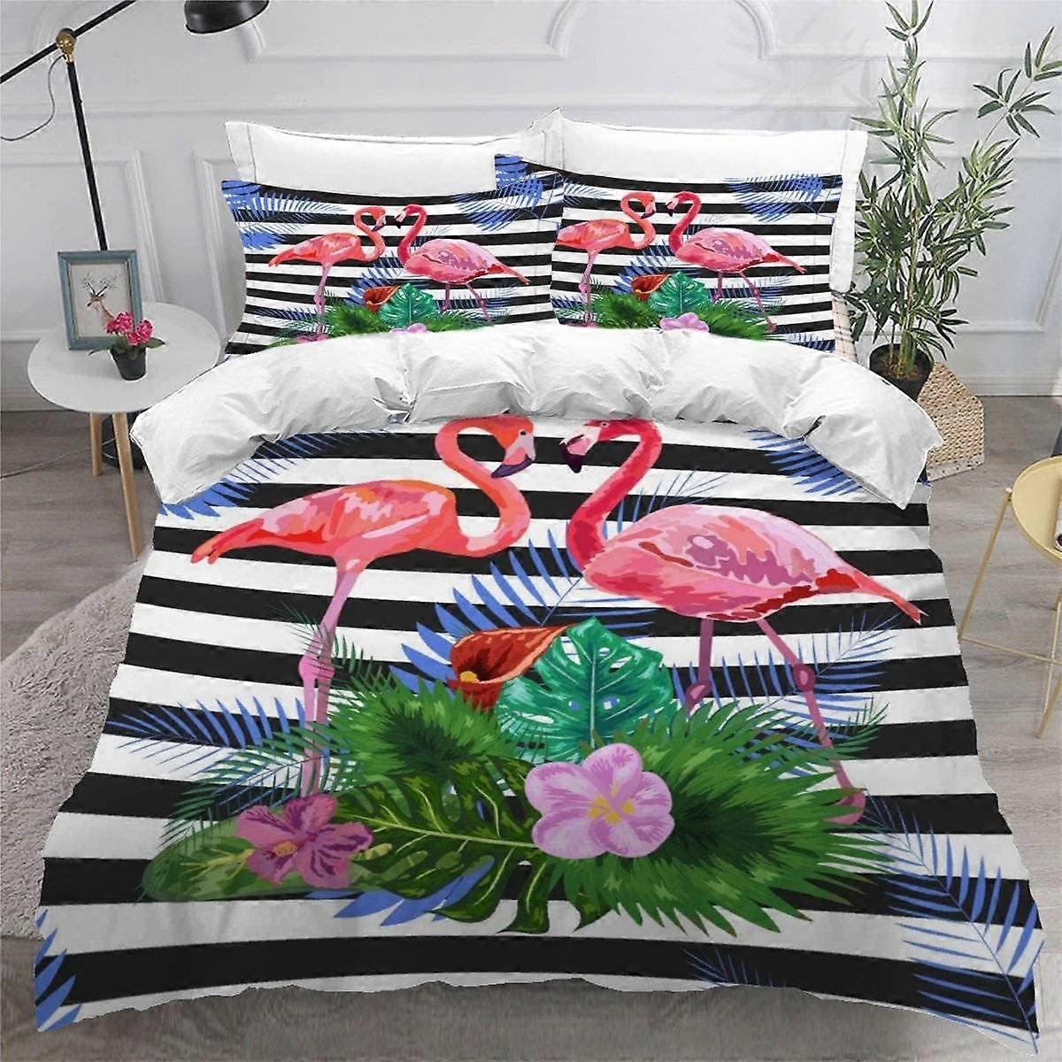 2 Kişilik Nevresim Takımı Flamingo Hibiskus 3D Baskılı Nevresim Kılıfı 200x200 Fermuarlı 2 Yastık Kılıfı Yumuşak Polyester 3 Parça Siyah Beyaz Çizgili