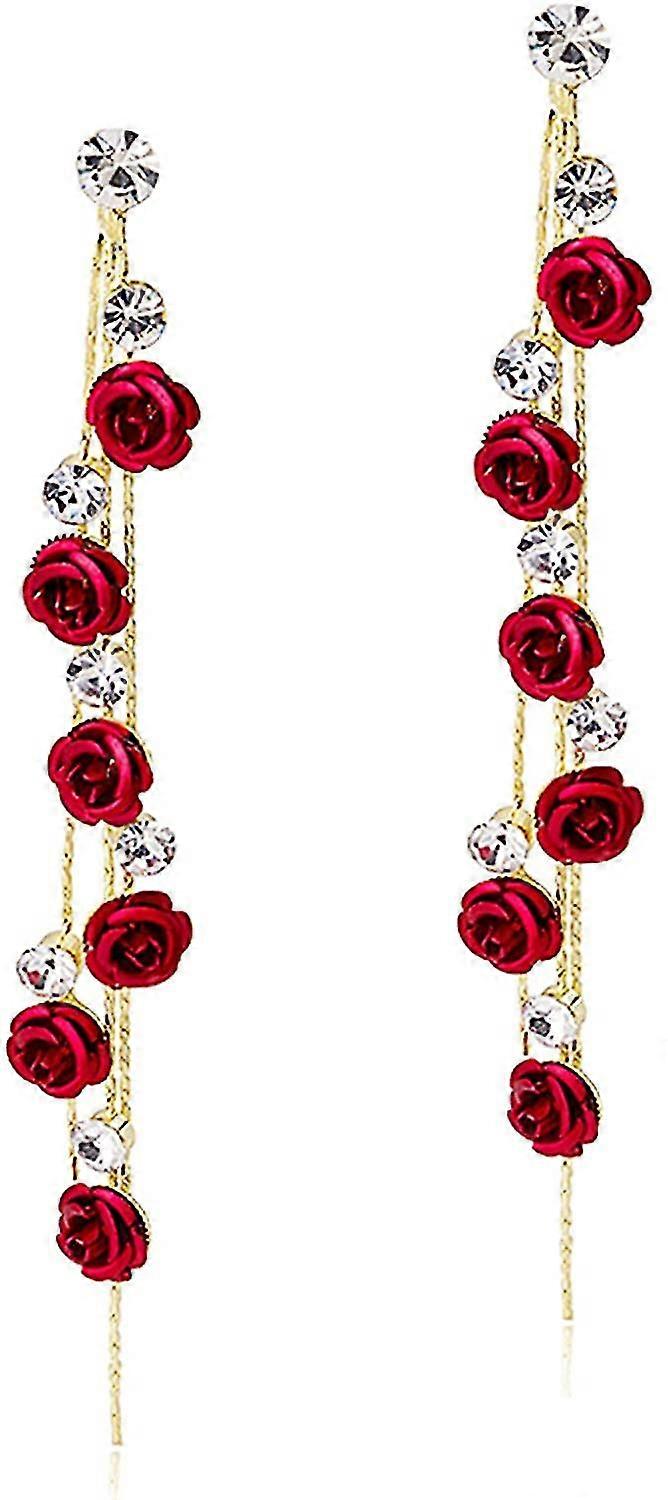 Chic Long Tassel Chain Red Purple Rose Flower Dangle Drop Stud Earrings-red