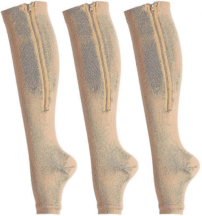 3-pair Zipper Compression Socks Graduated Compression Knee High Open Toe Toeless