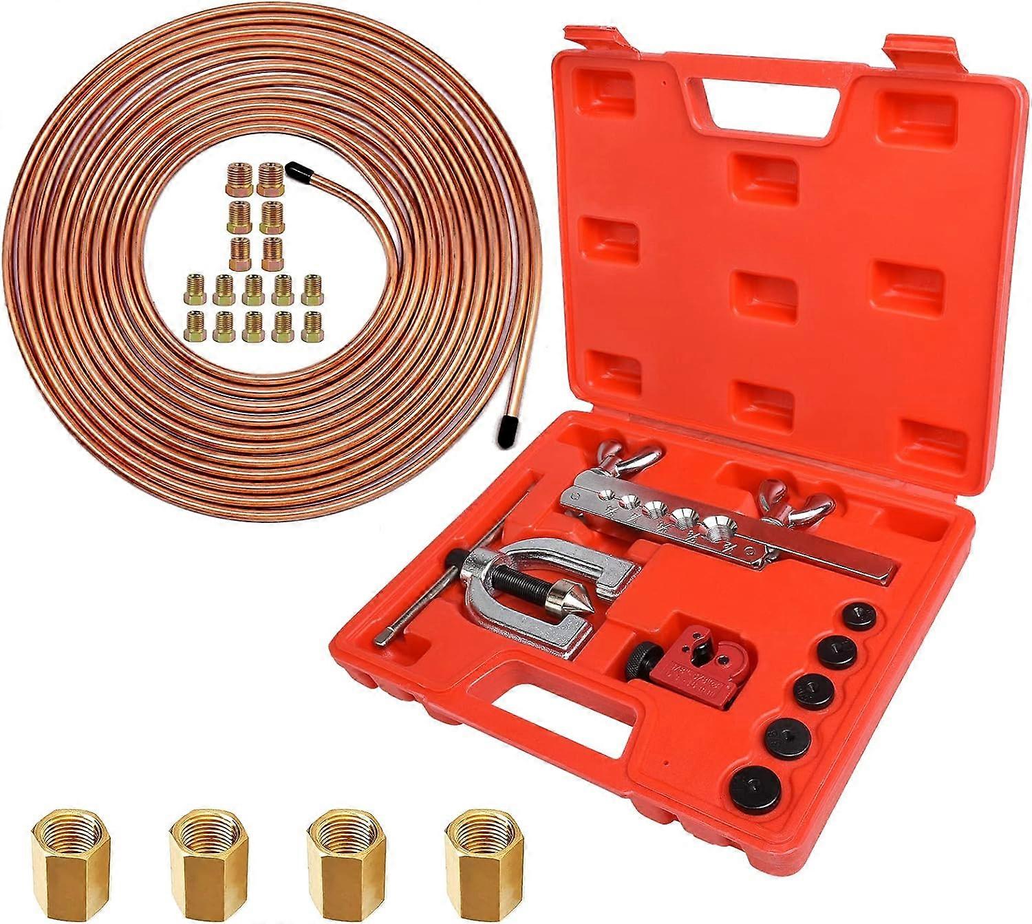 Brake Line Tubing with Tool Kit - Copper Coated 3/16 Brake Line Kit (25 Ft. with 16 Fittings and 4 Unions) with Double & Single Flaring Tool Kit