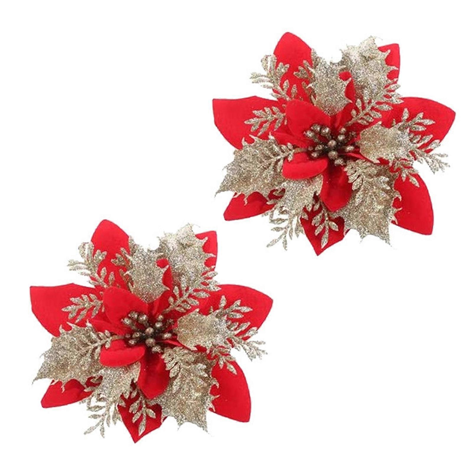 2 Pcs/Set Artificial Christmas Flower Bright Color Increase Atmosphere Decorative Realistic Looking Shiny Surface Christmas Decoration 3 Dimension Co