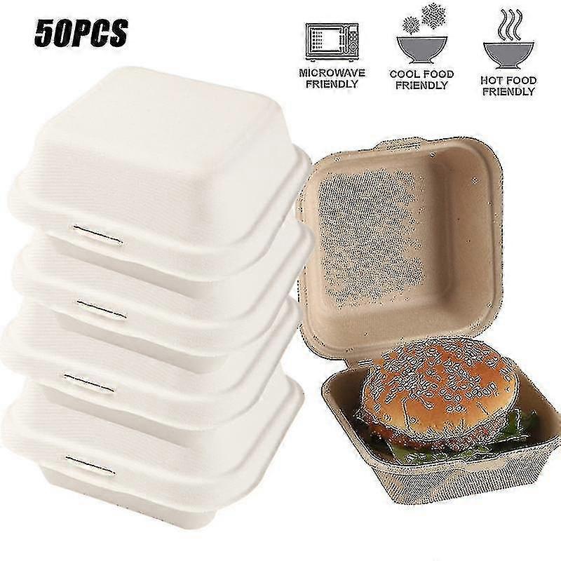 50pcs Degradable Hamburger Box Disposable Bowls Pulp Cake Boxes Lunch Tray Takeaway Packing