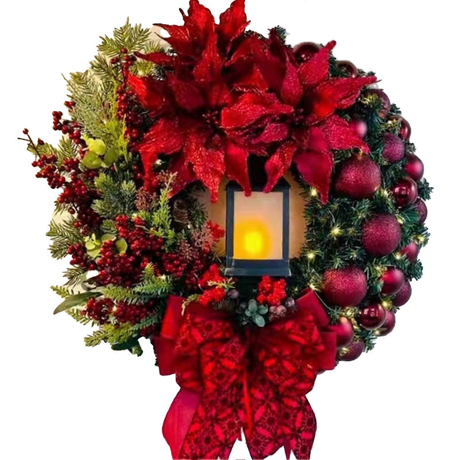 Christmas Wreath with Candle Lamp Front Door Decoration Large Bow & Red Christmas Flower Glowing Wreath Hanging Ornament Merry Christmas Party Scene L
