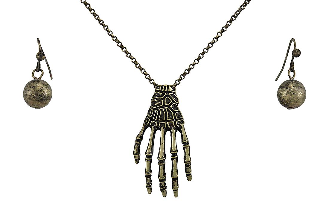 Burnished Gold Skeleton Hand and Ball Earring Set