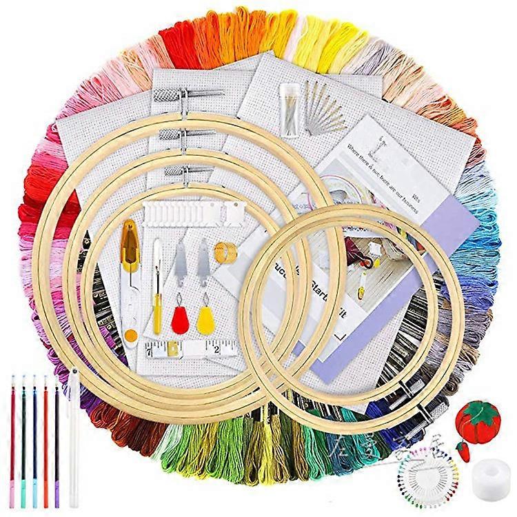 Embroidery Kit with 100 Colors Threads, Embroidery Hoops and Cross Stitch Tools for Adults and Kids Beginners