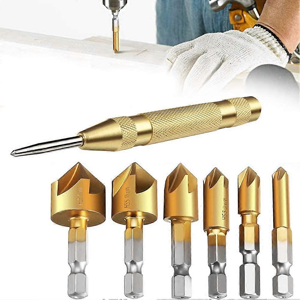 6 Pack HSS 5 Hex Shank Countersink Countersink Bits with 5" Auto Center Punch Deburring Tools for Steel Wood Plastic