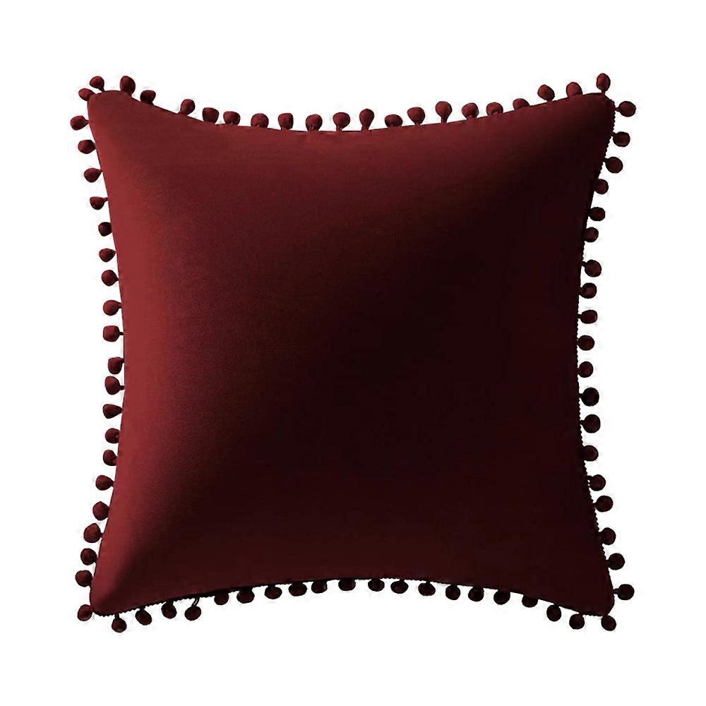Short Plush Throw Pillow Covers, Set of 2, 45*45CM Wine Red, Decorative Soft Square Pom-poms Case