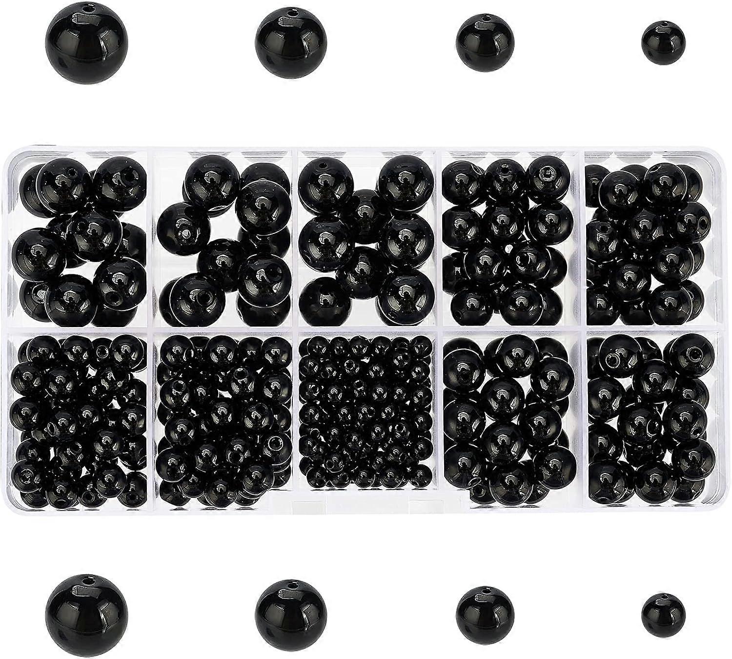 316 Pcs Black Smooth Polish Round Loose Beads 4mm 6mm 8mm 10mm Mix Lot Box Set with Box Container