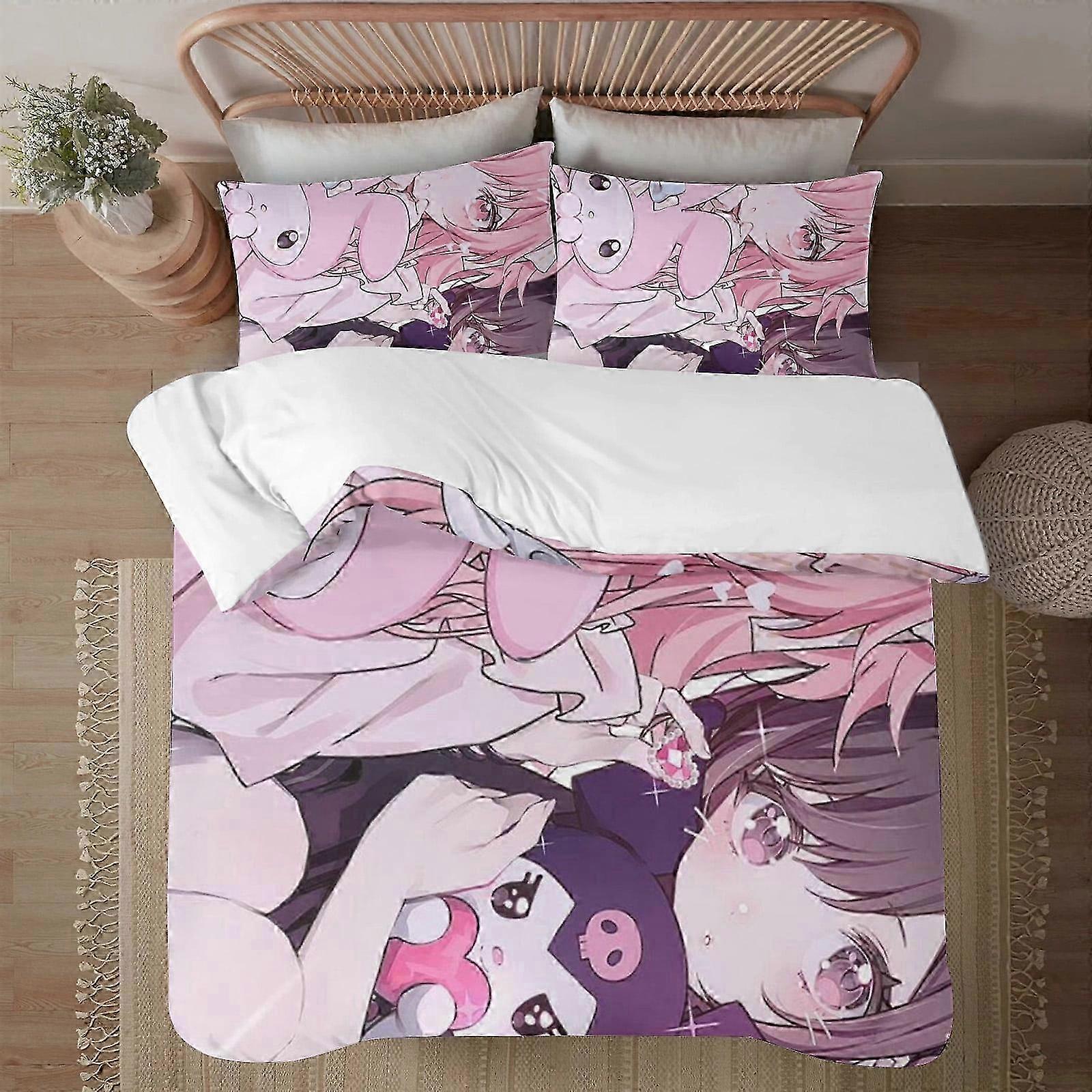 o1779 Lençóis Kuromi SoftConjunto de Cama com Capa de Edredom Impressa em 3D e Capa de EdredomConjunto de 3 Peças Inclui Fronhas e Capa Mhine Waable (1 Duvet 