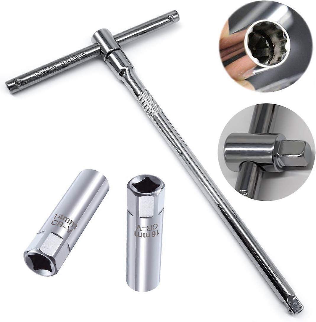 2 Pcs 3/8" Thin Wall Spark Plug Socket 12-Point Removal Tool 14 mm & 16 mm + 3/8" Adjustable T-Wrench Drive Torque Spark Plug Spanner Extension Kit (2