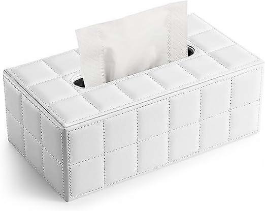 (White) White Grid Leather Rectangular Tissue Box