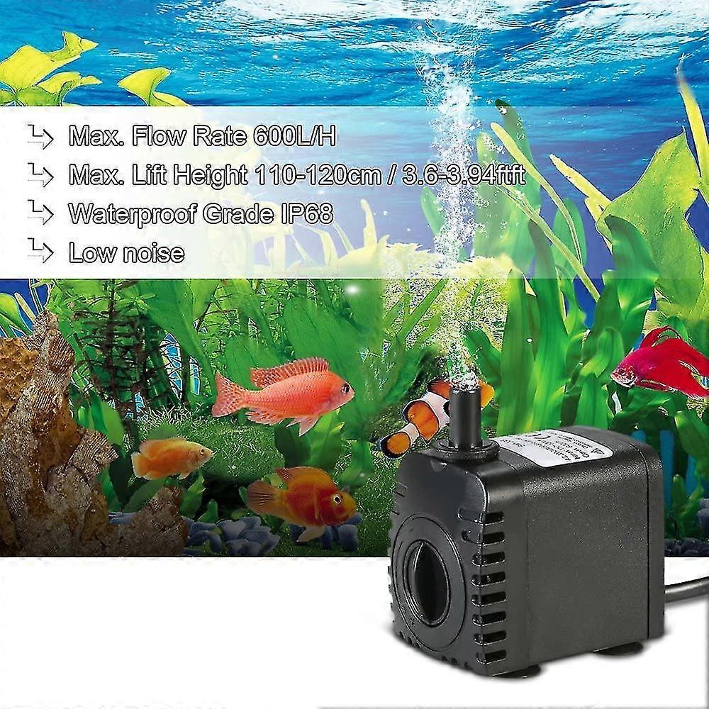 Submersible Water Pump, 600l/h 8w Water Pump, For Aquarium Tabletop Fountains, Pond Water Gardens And Hydroponic Systems, With 2 Nozzles, Ac220-240v