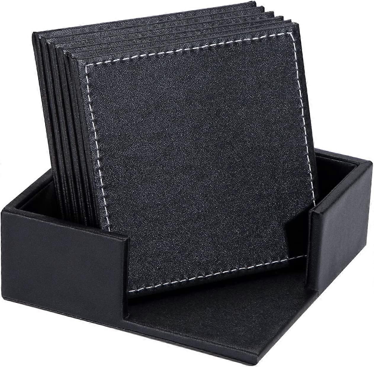 Coaster Square Coaster PU Leather Coaster Black Table Mat with Holder for Coffee Tea Beer Drinks