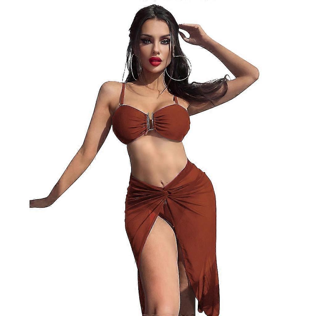Femmes Bikini Solid Set 3 pièces Maillot de bain avec Maxi Wrap Jupe Maillot de bain sexy