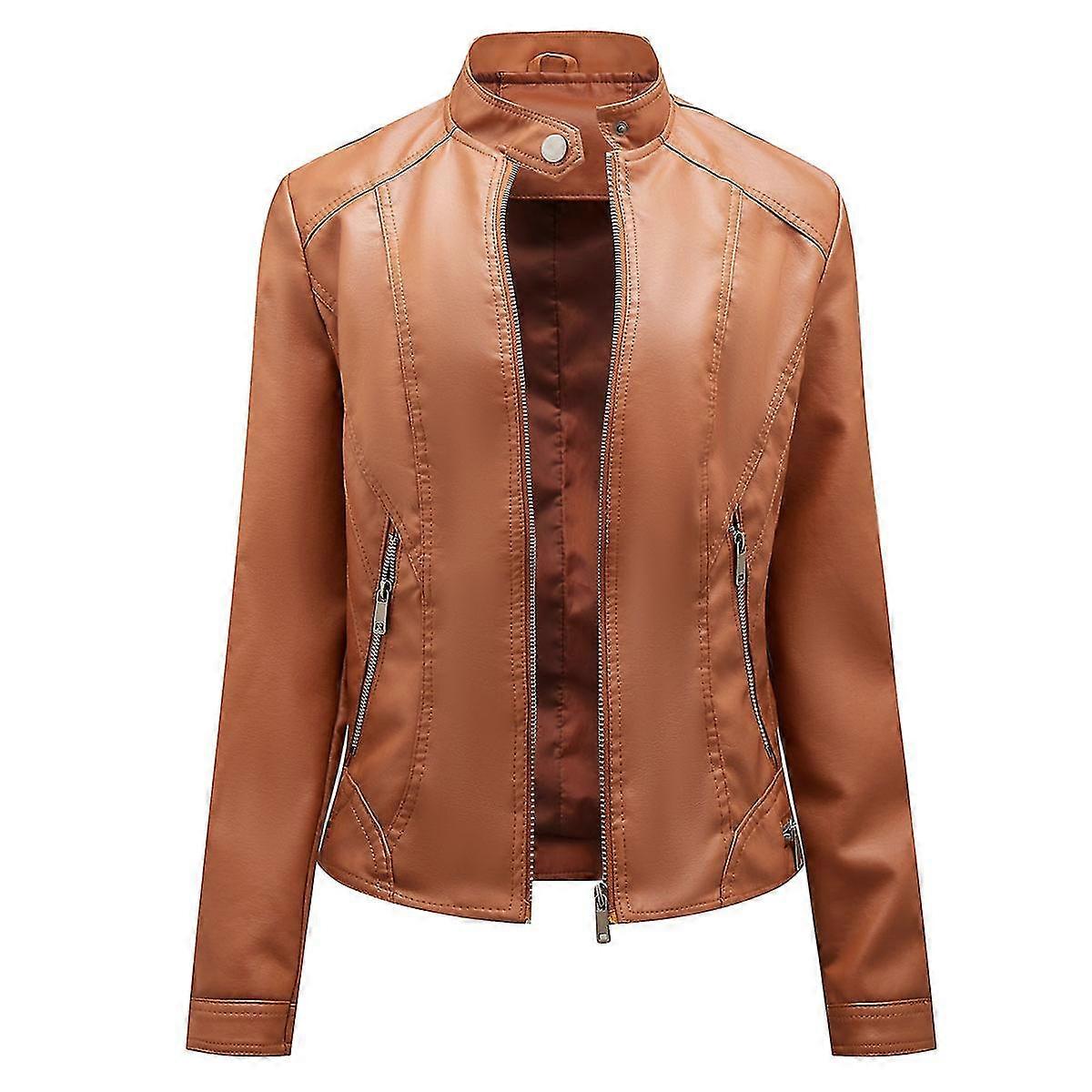 Naiwang Women's Solid Color Stand Collar Zip Slim Short Leather Jacket