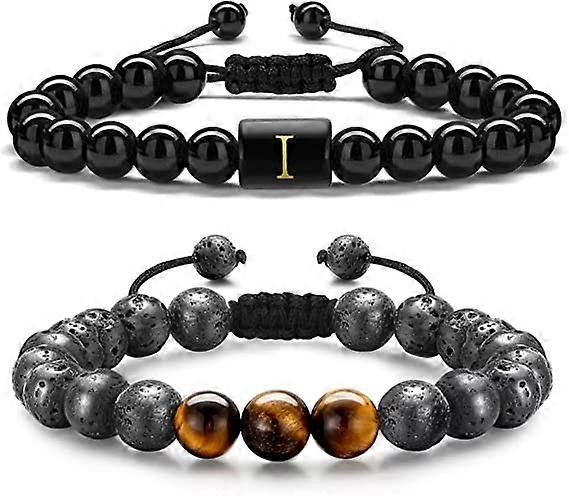 Initial Beaded Bracelets for Men, 8mm Tiger Eye Lava Rock Stone Handmade Mens Letter Obsidain Bracelet