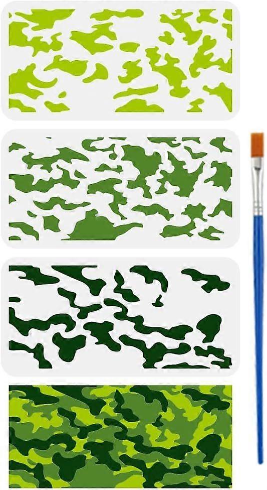 3 Pcs Layered Camouflage Stencil with A Paint Brush 11.8x5.9inch Camouflage Painting Template Irregular Geometric Blocks Camo Theme Stencil for Painti
