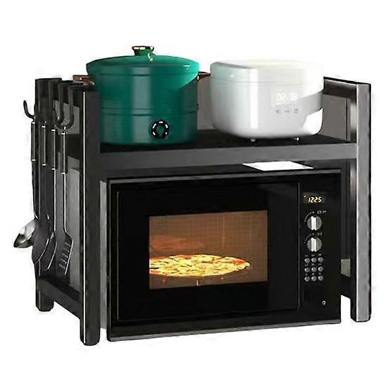 Microwave Stand Shelf Extendable Microwave Oven Rack Heat-Resistant Strong Load-bearing Adjustable Kitchen Counter Shelf with 6 Hooks