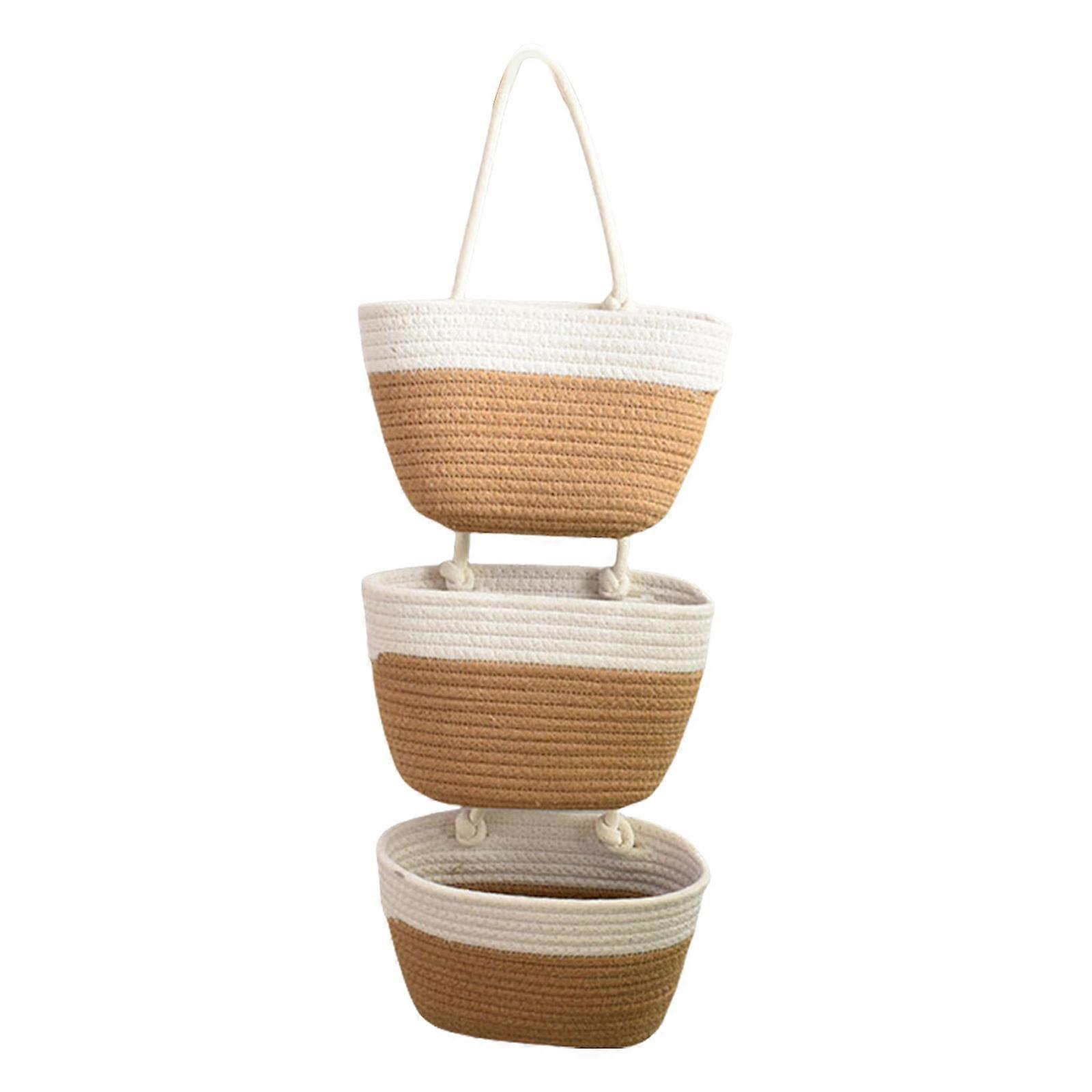 Durable Cotton Rope Storage Baskets Practical 3 Layer Cotton Rope Hanging Storage Solution for Various Setting white khaki