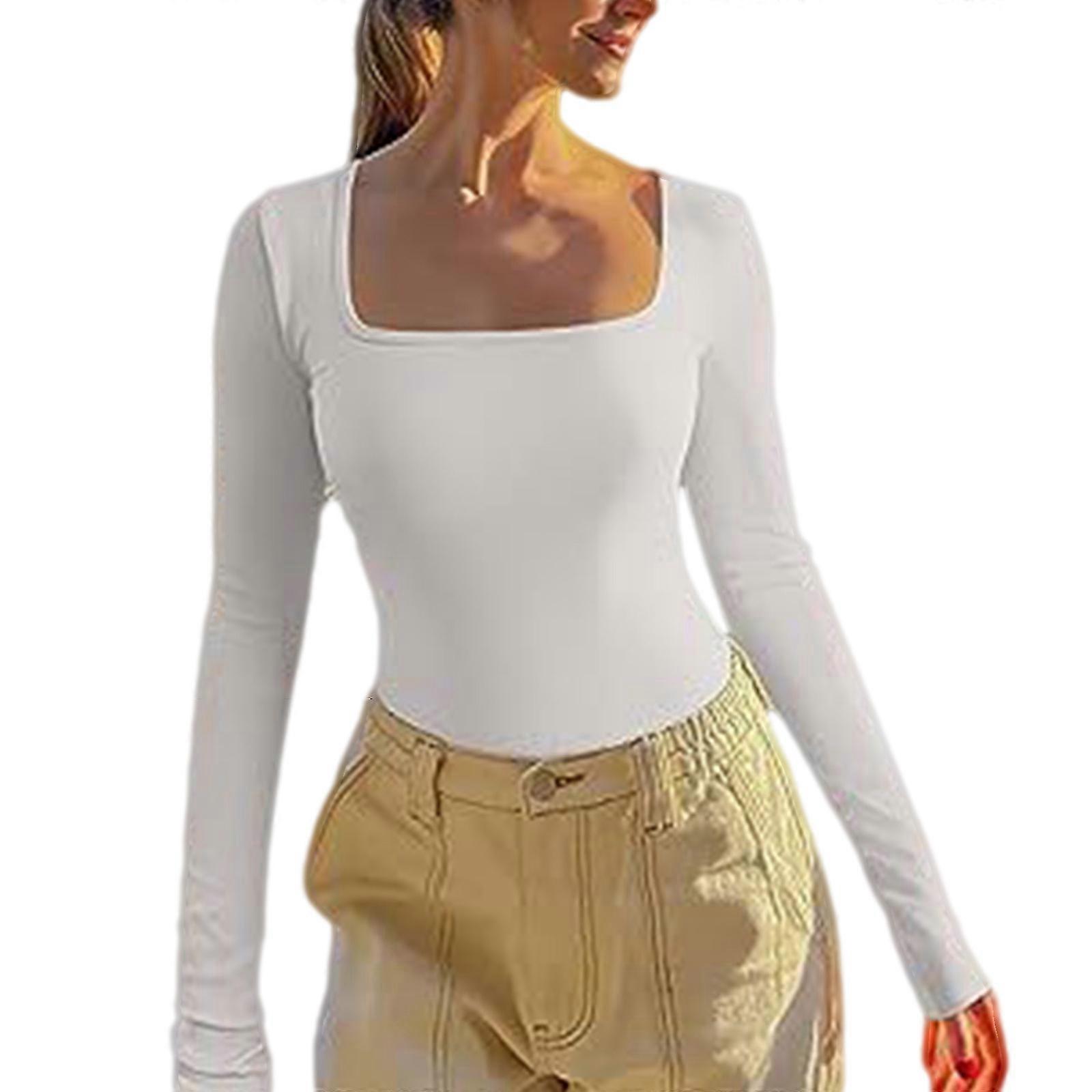 Womens Workout Long Sleeve T-Shirt Casual Square Neck Slim Fitted Athletic Running Solid Color Basic Pullover Tee Top  White S
