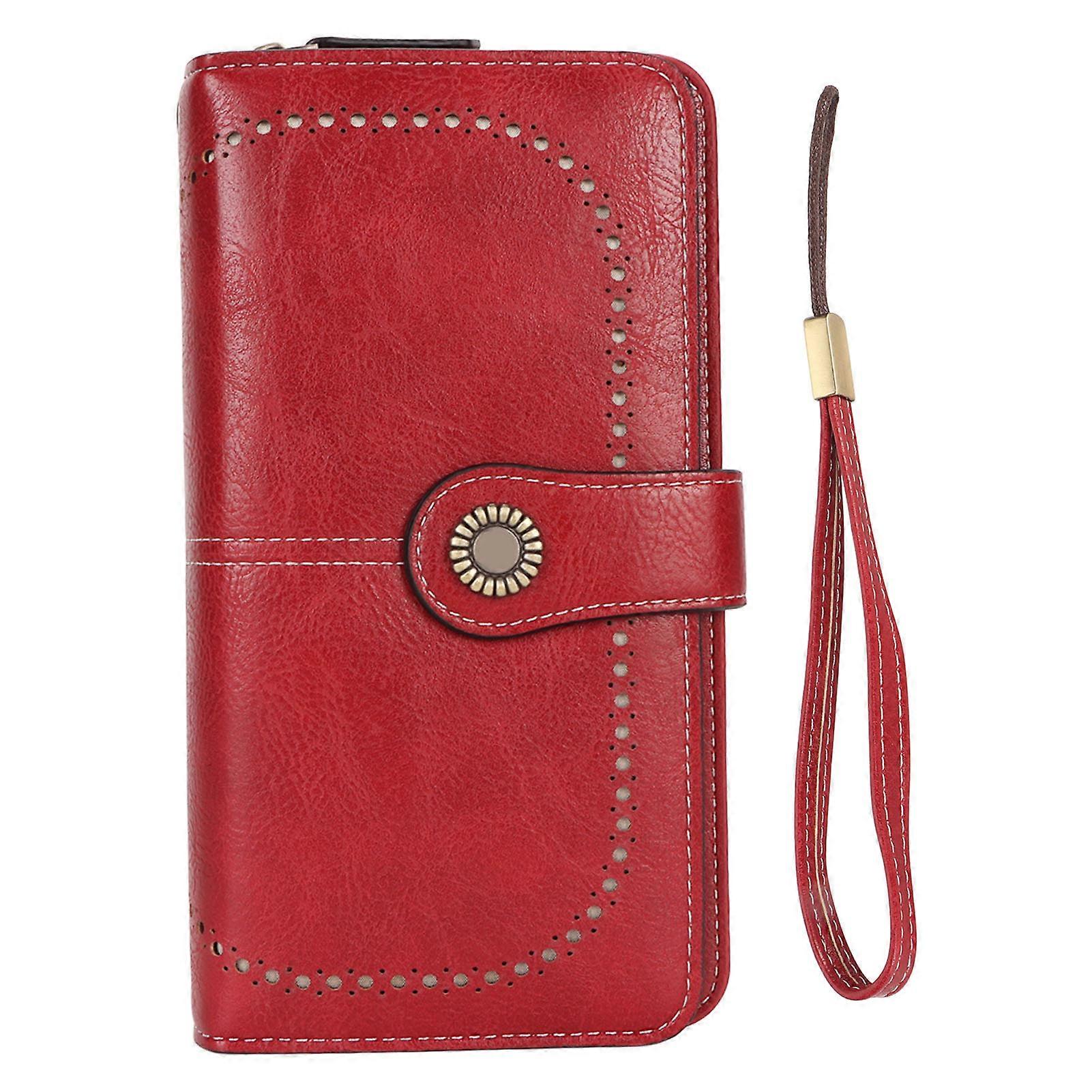 RFID Blocking Leather Large Capacity Double Snap Button Women Wallet with Removable Wrist Strap