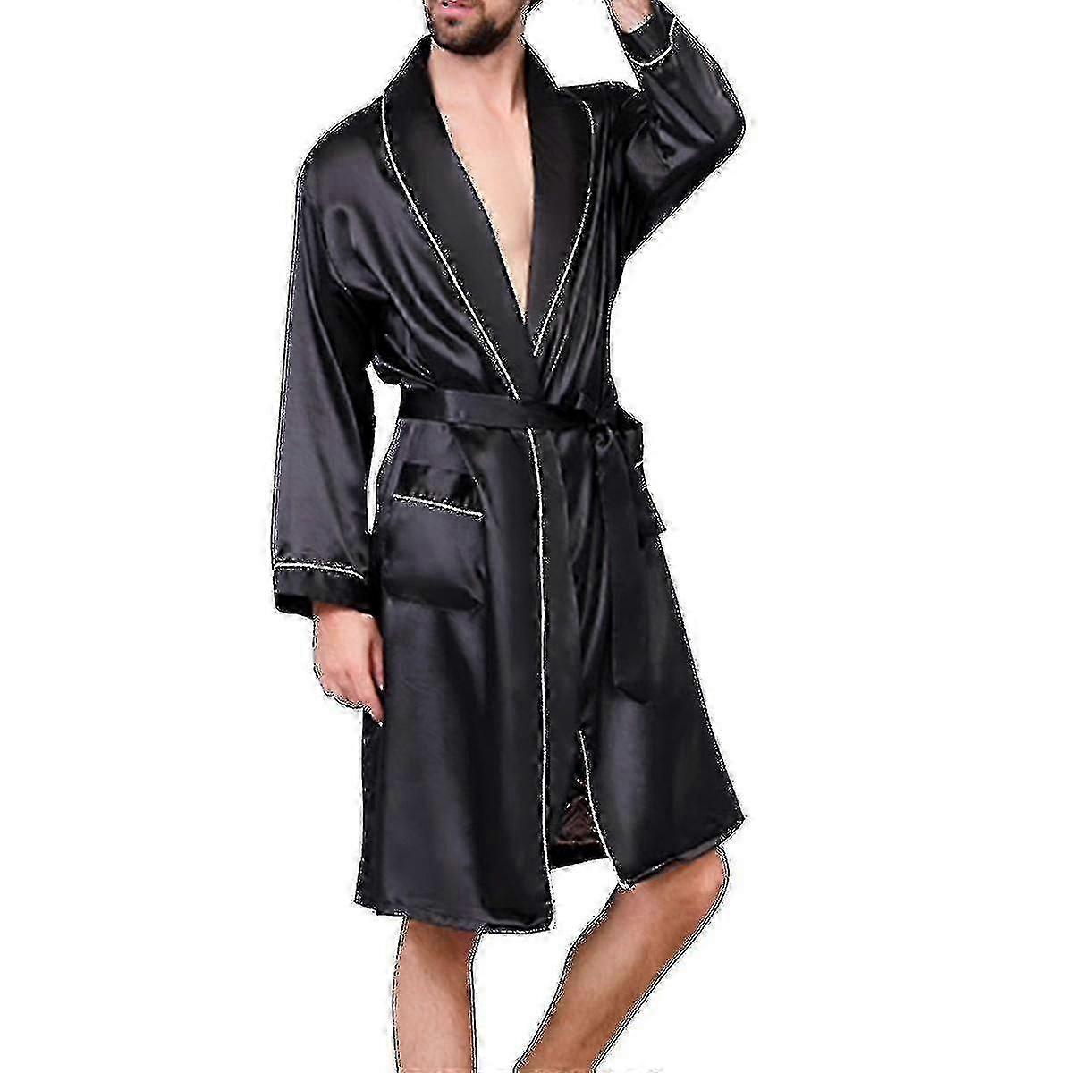 Men's Satin Robe With Shorts - Nightgown Soft Printed Bathrobes Pajamas
