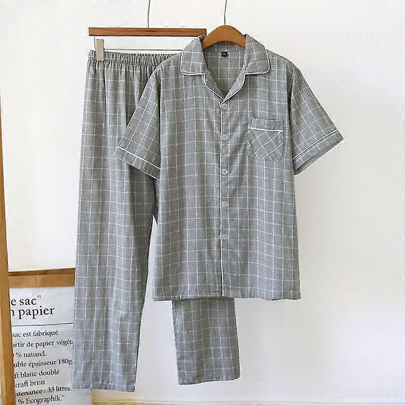 Spring and Summer Men's Pajamas Set 100% Cotton Plaid Short-sleeved + Pants Two-piece Set for Large Homes