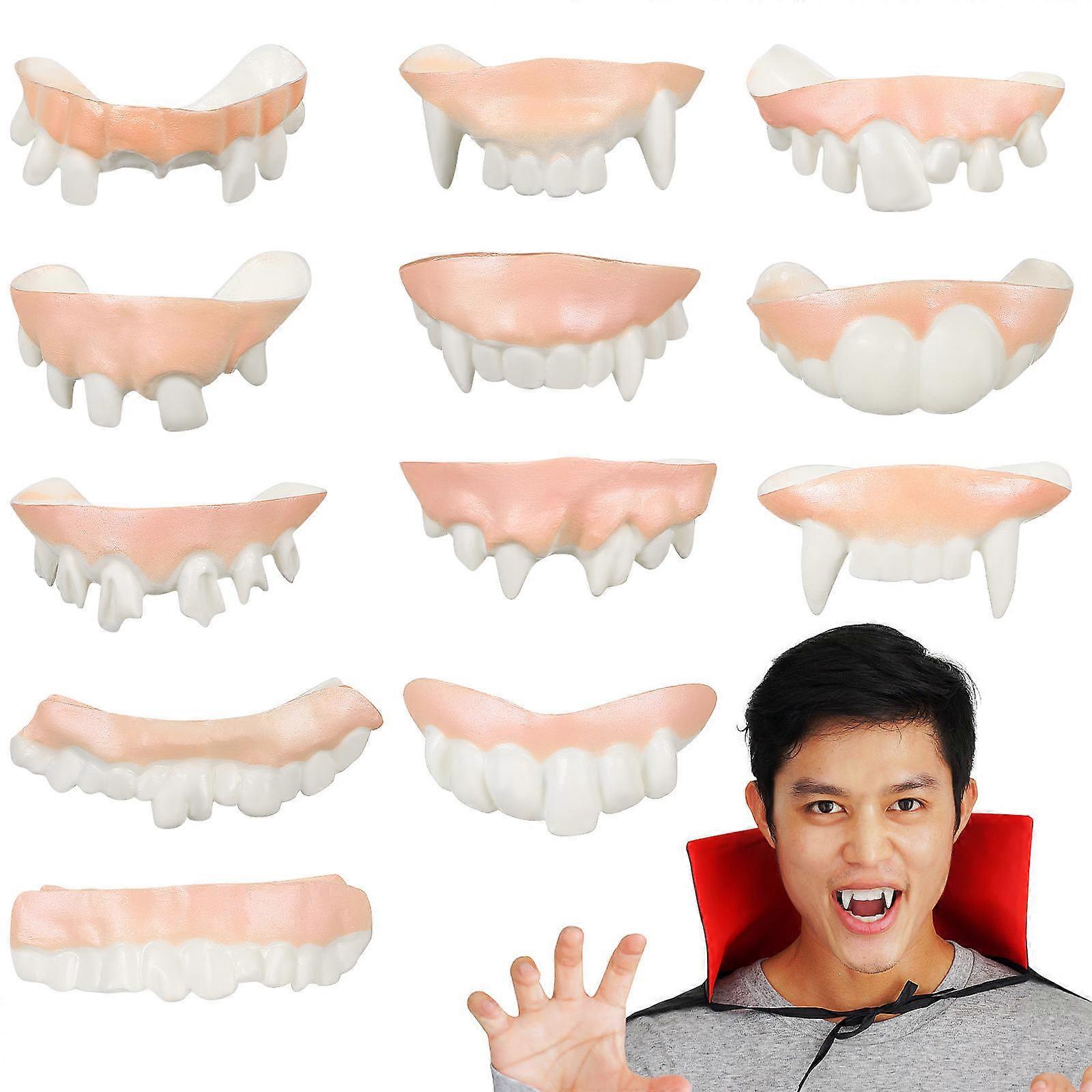 12 Pcs Halloween Vampire Fangs Cosplay PVC Fake Teeth for Party Props, Comfortable Fit, Assorted Styles for Costume Accessories and Pranks