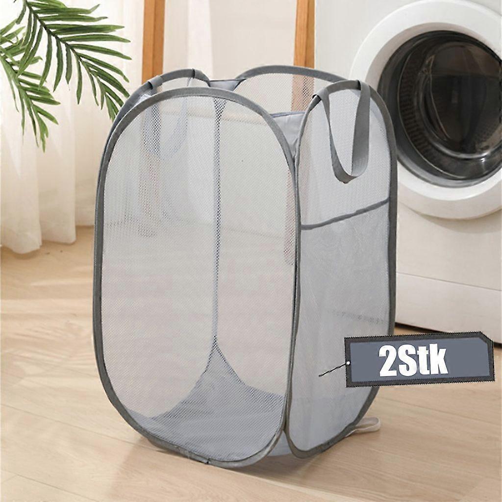 2 Collapsible Laundry Baskets, 70 Litres Pop-Up Laundry Basket Foldable Large with Net 36x36x58 cm, Grey