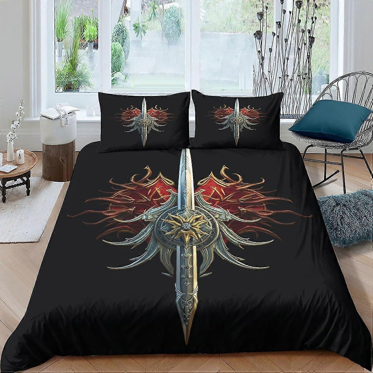 Conjunto de capa de edredom EKENOZ Sword de 3 peças com fecho de zíper Roupa de cama de microfibra macia 3D para tamanho duplo