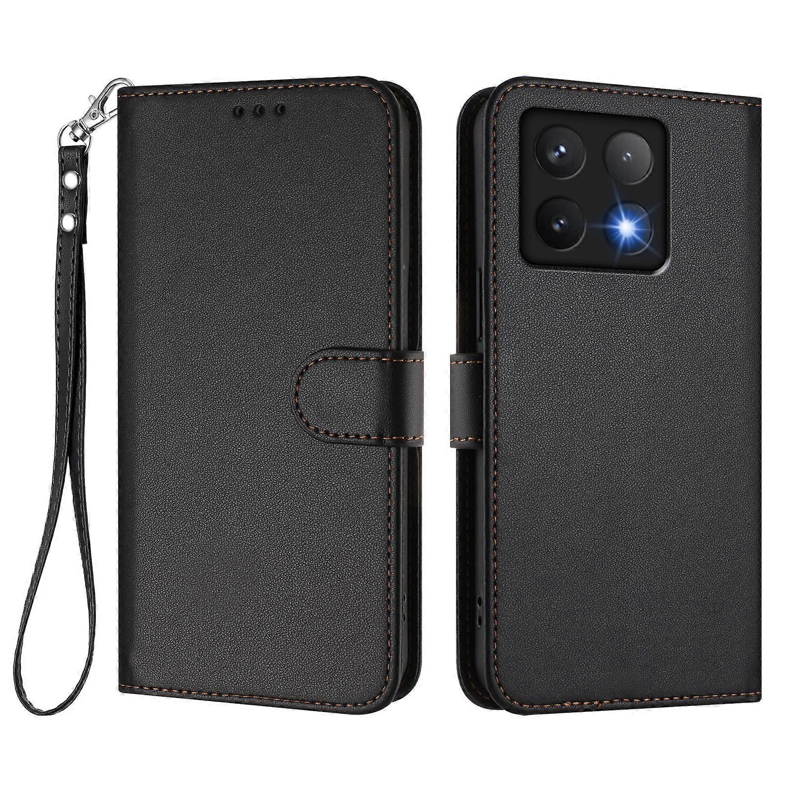 ل Xiaomi 14T غطاء هاتف محفظة جلد مع حزام معصم أسود