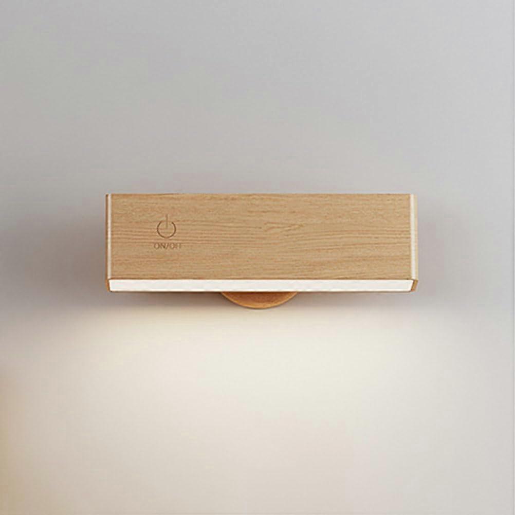 LED Battery Wall Light Indoor with Touch Switch, 4W 3000K Warm Light, Rotating Wooden Design, Wireless Rechargeable Bedside Lamp