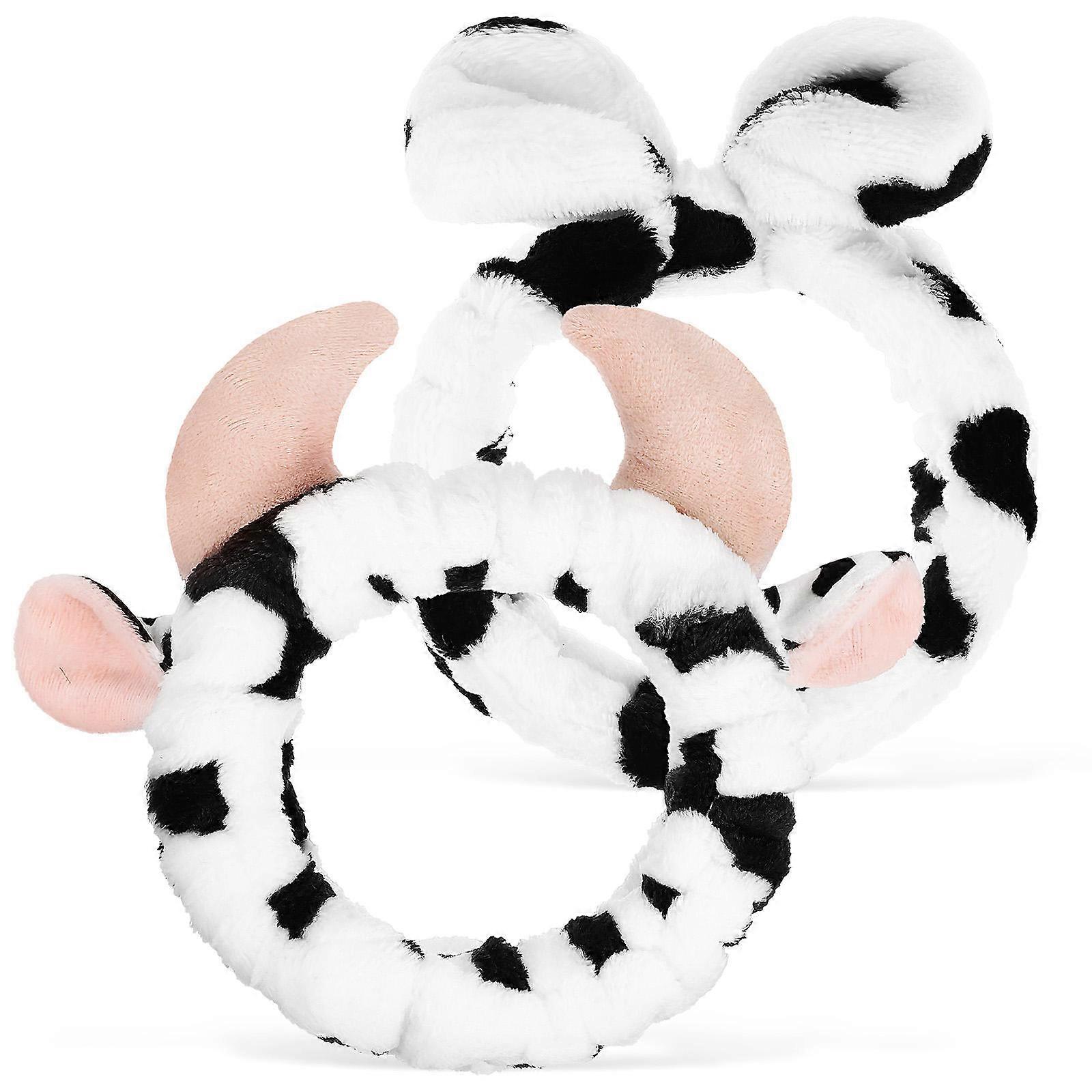 Cow Print Makeup Headbands for Women – Cute Face Wash Headbands with Bow and Horn Designs – Comfortable Elastic Spa Accessories for Versatile Use