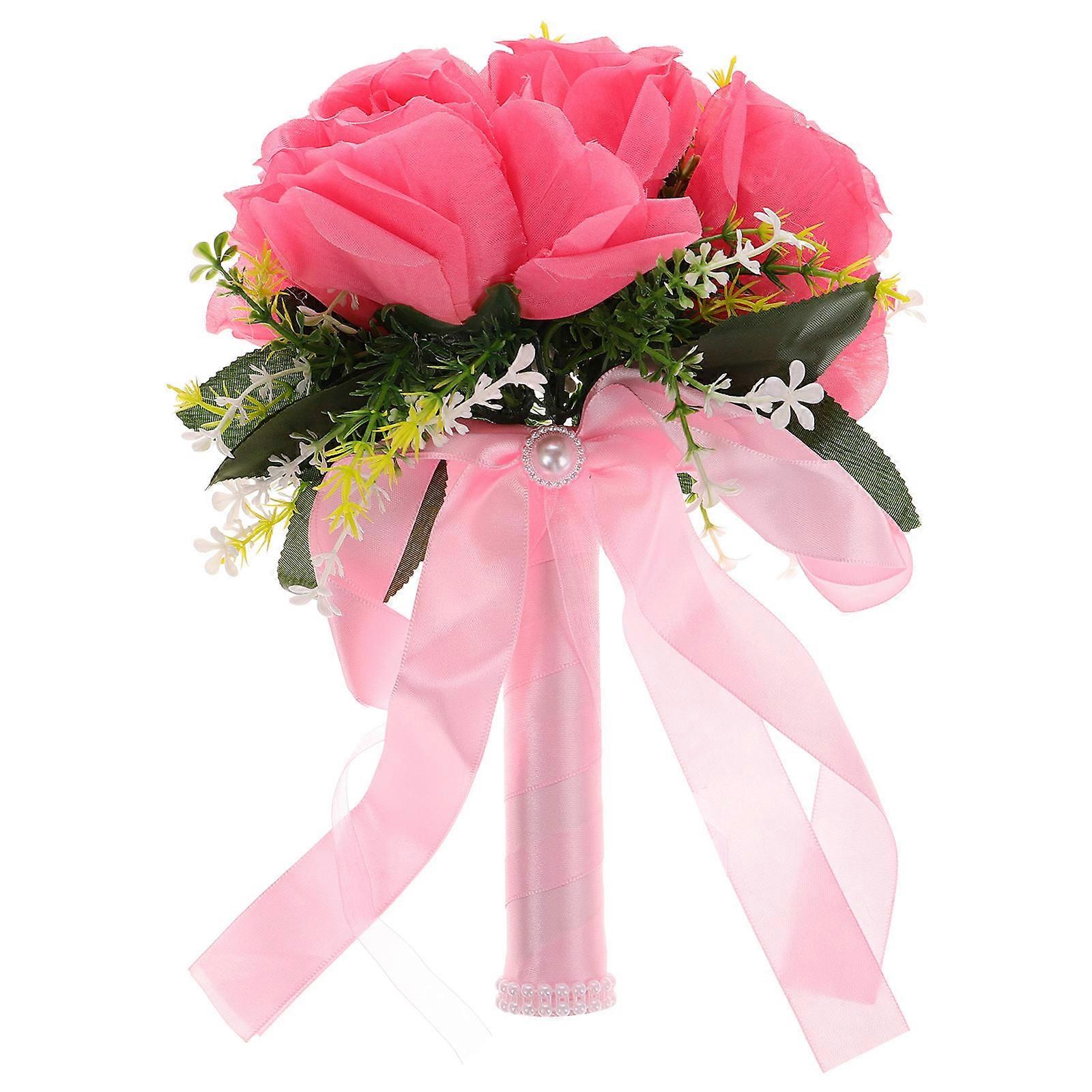 Artificial Wedding Bouquet for Bride and Bridesmaids – Small Pink Faux Roses with Silk Ribbon, Lightweight Realistic Floral Arrangement for Ceremony