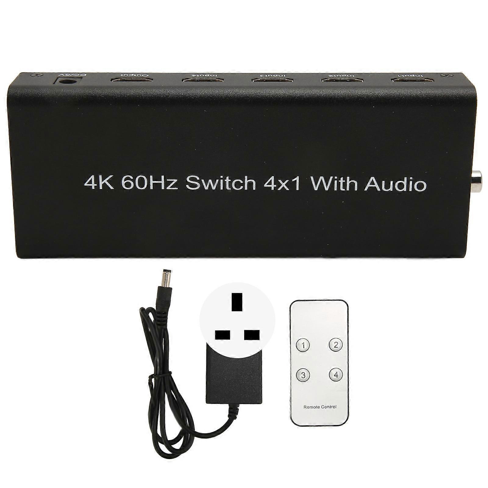 4K HDMI Switch 4x1 with Remote Control, ARC Support, 4 Ports for Laptops & TVs UK Plug