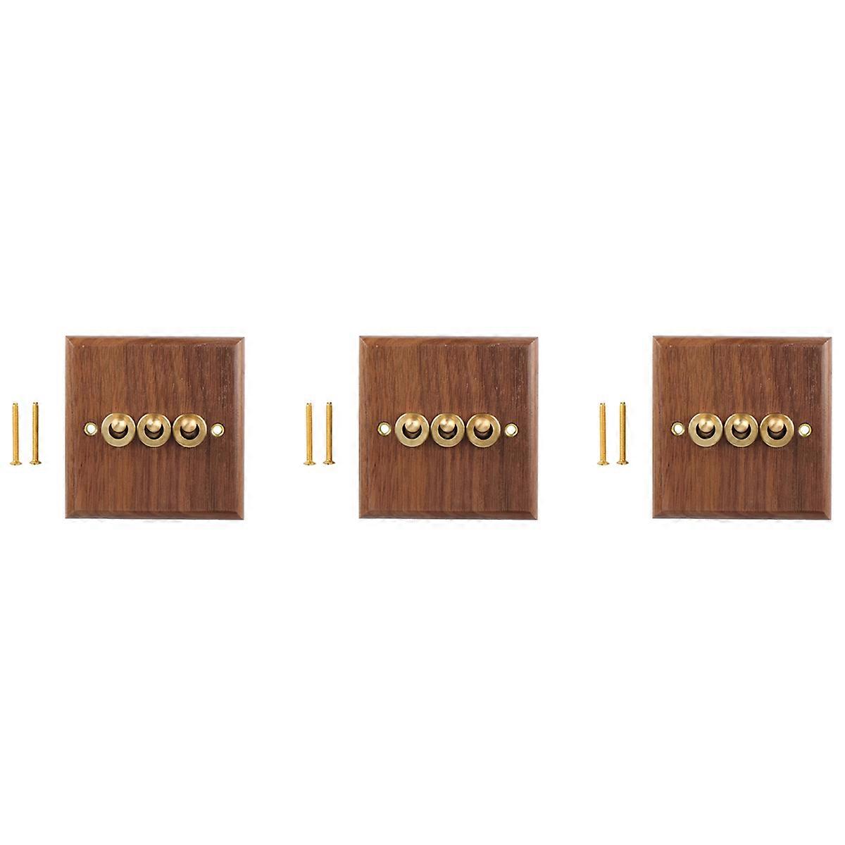 3X Retro American Industrial Style Light Switch Socket, Solid Wood Brass Toggle Switch Plate,Antique