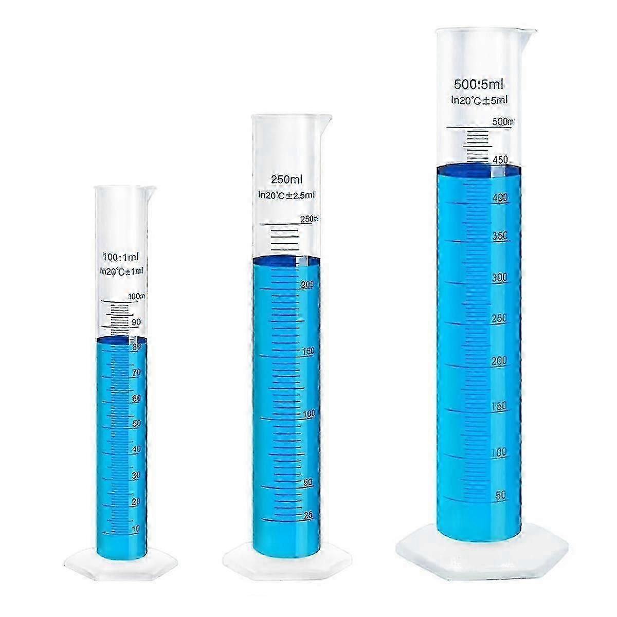 3-Piece Plastic Graduated Cylinders - 100 250 500 ml, Laboratory Chemical Cylinder Set for Science Biology Projects