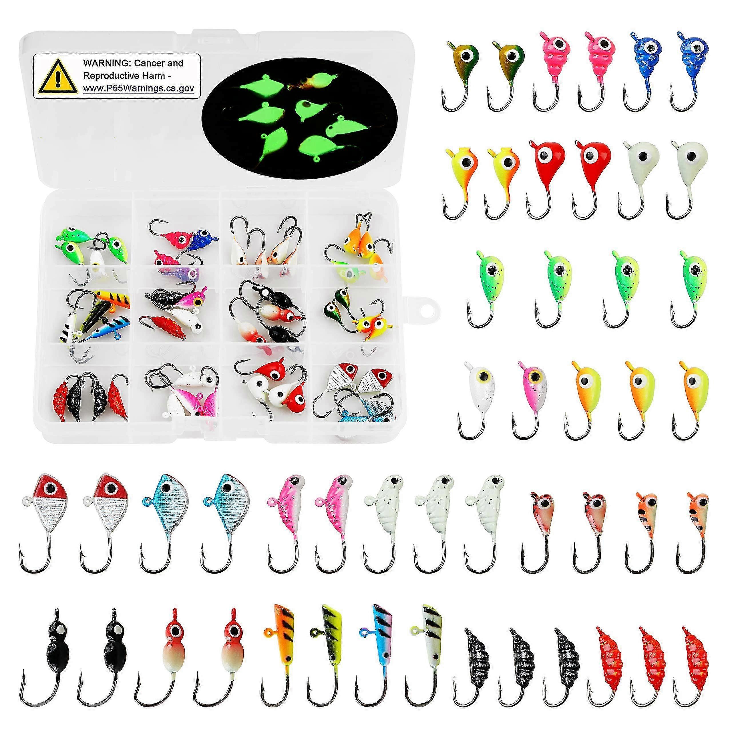 2025 Ice Fishing Jig Hooks kit, 48pcs Luminous Ice Fishing Lures Crappie Panfish Jigs Heads Hooks Set for Winter Ice Jigging Walleye Bluegill Perch