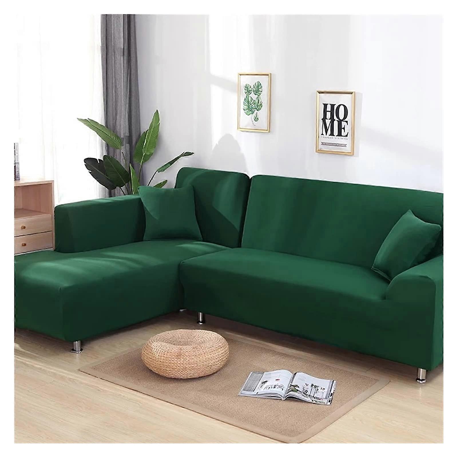 Corner Sofa Covers Elastic Slipcovers Stretch Fit L Shaped (Dark Green)