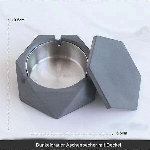 Concrete ashtray with lid, deep and large capacity, with cigarette holder notch