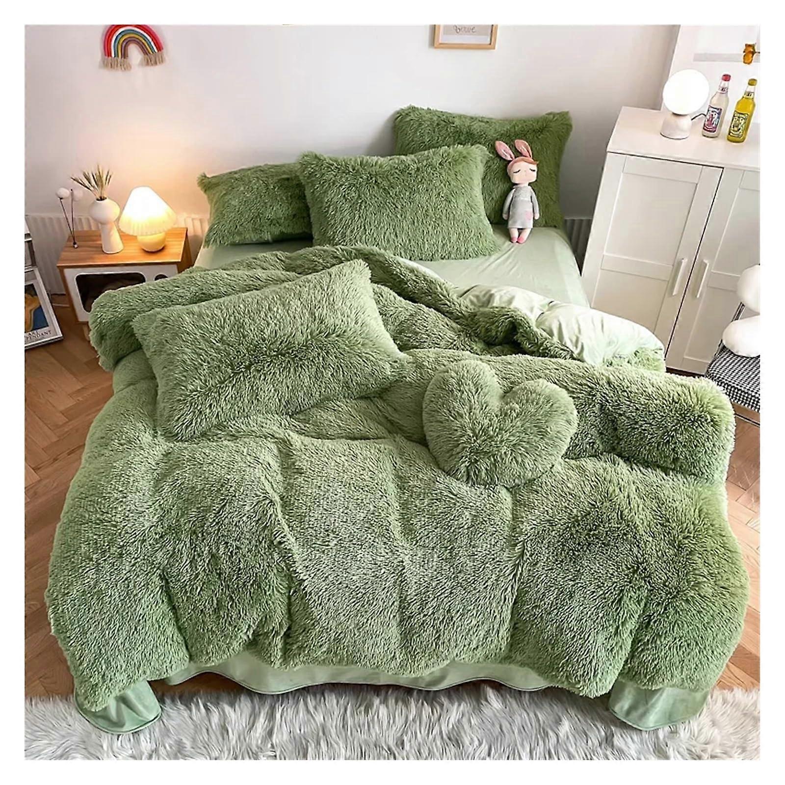 Bed Sheets Set, Queen Size Green Plush Faux Fur Bedding Duvet Cover Flat Sheet Pillowcases