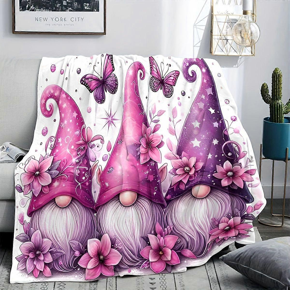Decke mit Blumen-, Schmetterlings- und Zwergenmuster, Geschenkdecke, kleine Kuscheldecke für die Mittagspause, hellbeige, hautfreundlich, bequem, Au-qazxc228