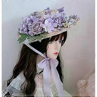 Women Victorian Straw Hat Lady Top Hat With Floral Classic Lolita Straw Boater