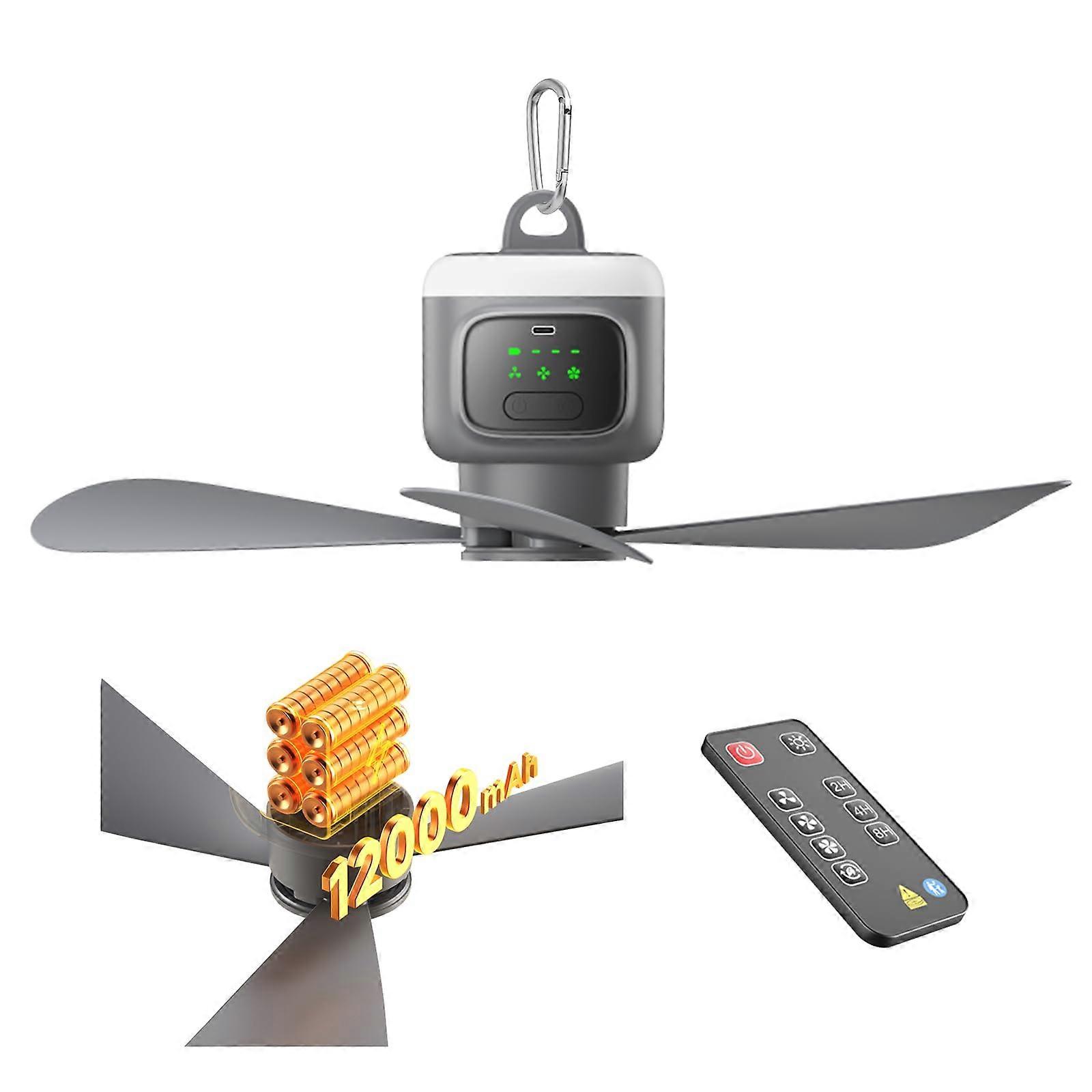 18 Inch Camping Ceiling Fan Rechargeable Battery Powered with LED Light Remote Control and Hook